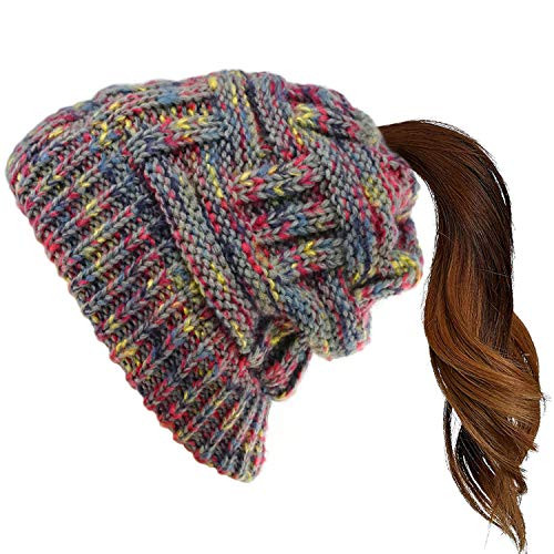 Taidor Messy Bun Ponytail Beanie Hat Colored Dots Cable Knit Cap for Women Girls Winter Red