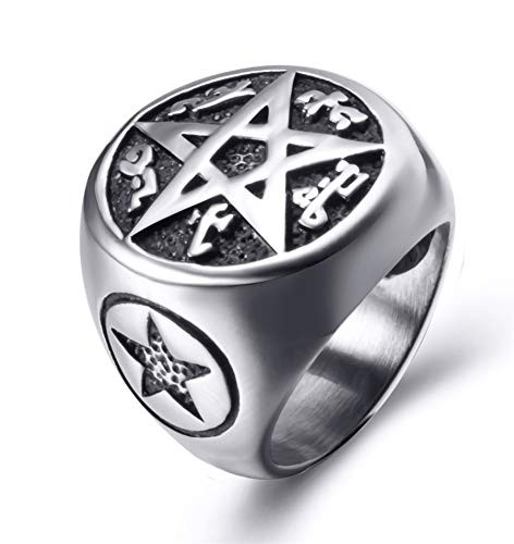 Elfasio Men s Pentacle Pentagram Rune Star Magic Casting Stainless Steel Wiccan Biker Ring  8