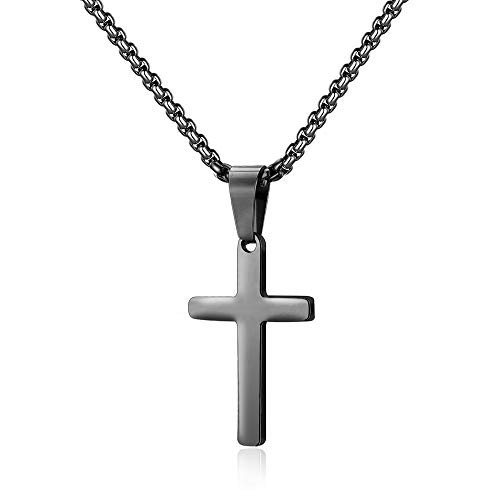 Mens Cross Necklace Black Plain Cross 
