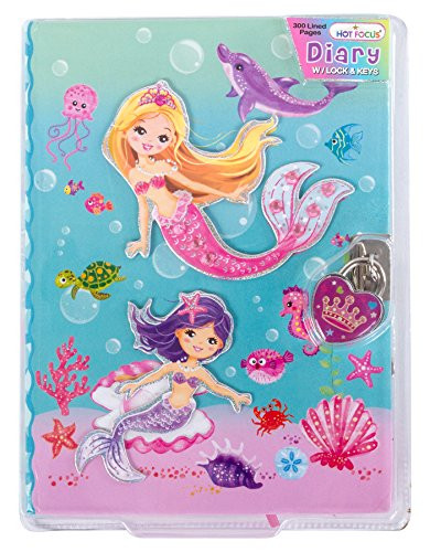 Hot Focus Mermaid Secret Diary with Lock  7 Journal Notebook with 300 Double Sided Lined Pages  Padlock and Two Keys for Kids