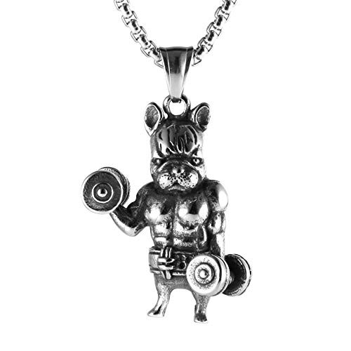 HZMAN Men s Fashion Bulldog Stainless Steel Fitness Gym Dumbbell Weight Plate Barbell Chain Pendant Necklace