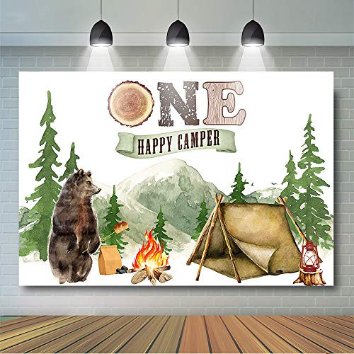 Mocsicka Forest Camping Birthday Backdrops Boy s Adventure 1st Happy Camper Birthday Party Decoration Supplies Tent Campfire Vinyl Camping Theme Party Background  5x3ft