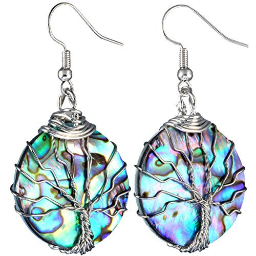 SUNYIK Rainbow Abalone Shell Tree of Life Dangle Earrings for Women  Silver Plated