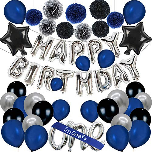 1st Birthday Party Balloons Kits 1st Birthday Party Supplies 1st Birthday Sash Happy Birthday Banner  1st Silver Number Balloons  Silver Black Navy Blue Paper Pom Poms 1st Birthday Party Balloons Kits 1st Birthday Party Supplies 1st Birthday Sash Happy Birthday Banner  1st Silver Number Balloons  Silver Black Navy Blue Paper Pom Poms