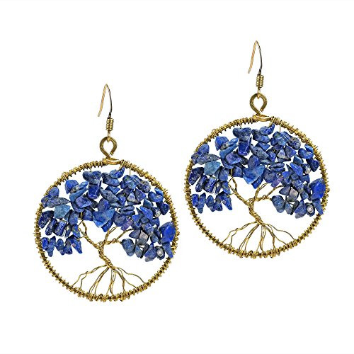 Eternal Tree of Life Simulated Blue Lapis Lazuli Branch Brass Dangle Earrings