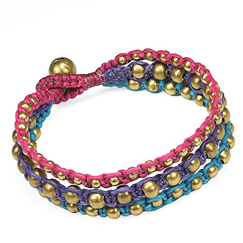 AeraVida Majestic Fashion Brass Beads Pink Purple Blue Cotton Wax Rope Three Strand Bracelet