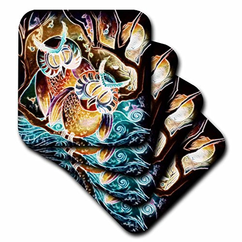 3dRose cst_116259_2 Whimsical Fractal Glow Owls in The Moonlight Digital Art-Soft Coasters, Set of 8