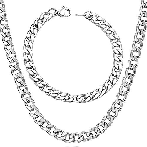 WELRDFG Men Chain Jewelry 5mm 6mm 7mm Wide Stainless Steel Snake chain 18K Gold Plated Figaro Chain Set  Bracelet 8 3 Inch  Necklace 18  22  26  28    Cuban chain stainless steel  7mm wide   18 0