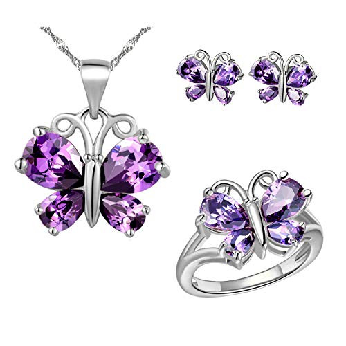 Uloveido Women Platinum Plated Purple Crystal Love Butterfly Pendant Necklace Promise Ring and Studs Earrings Jewelry Set for Kids Girls Birthday Gift T235 Uloveido Women Platinum Plated Purple Crystal Love Butterfly Pendant Necklace Promise Ring and Studs Earrings Jewelry Set for Kids Girls Birthday Gift T235
