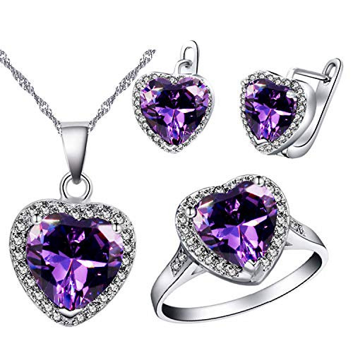 Uloveido Women Platinum Plated Purple Crystal Love Heart Pendant Necklace Promise Ring and Studs Earrings Jewelry Set for Kids Girls Birthday Gift T481 Uloveido Women Platinum Plated Purple Crystal Love Heart Pendant Necklace Promise Ring and Studs Earrings Jewelry Set for Kids Girls Birthday Gift T481