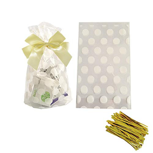 White Polka Dot Clear Cello Candy Favor Bags Cellophane Cookie Treat Plastic Bags with Gold Twist Ties  Pack of 100