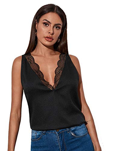 Romwe Women s V Neck Lace Trim Cami Tank Top Black M