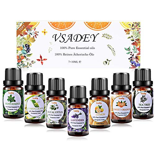 VSADEY Essential Oils Set 100 Pure Aromatherapy Essential Oil Kit for Diffuser  Humidifier  Massage  Skin Care   Lavender  Eucalyptus  Peppermint  Tea Tree  Sweet Orange  Lemongrass  7 x 10ml