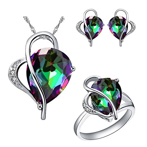 Uloveido Girls  Platinum Plated Brass Multi Color Simulated Diamond Jewelry Piercing Earrings Necklace and Solitaire Rings Set for Teen Girls Women T072