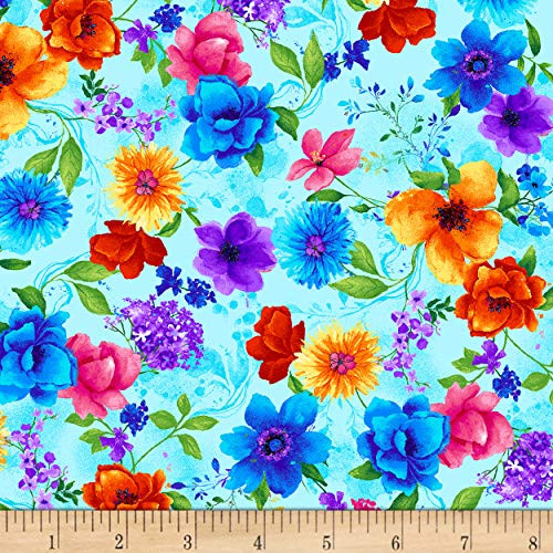 Timeless Treasures Night Bloom Small Floral Aqua Quilt Fabric By The Yard