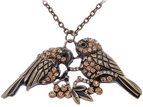 Alilang Womens Brass Tone Topaz Colored Rhinestones Twin Sparrow Lover Bird Pendant Necklace