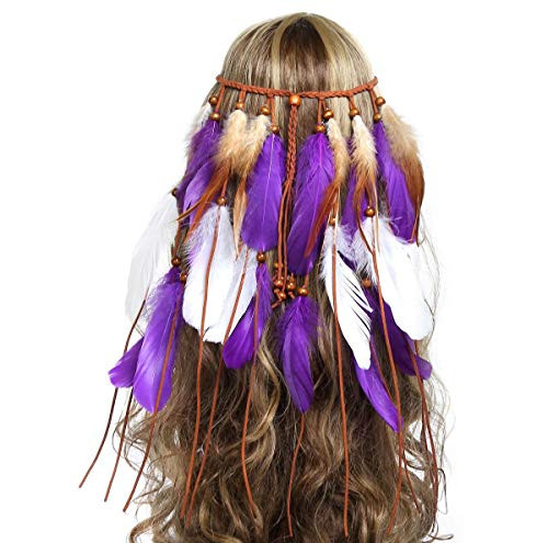 Boho Feather Headband Headwear Native American Headpiece Hippie Headband Feather Headdress  Purple