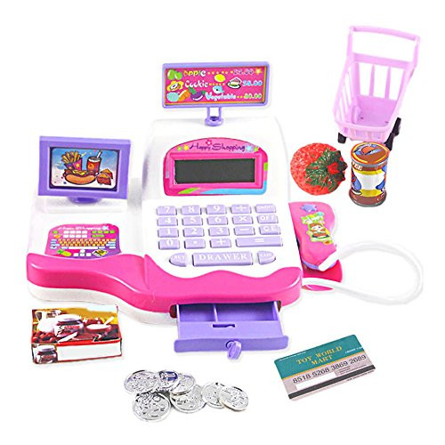 AHZZY Pretend Play Electronic Toy Cash Register, Calculator Scanner Play with Money Pretend Play Supermarket Playset
