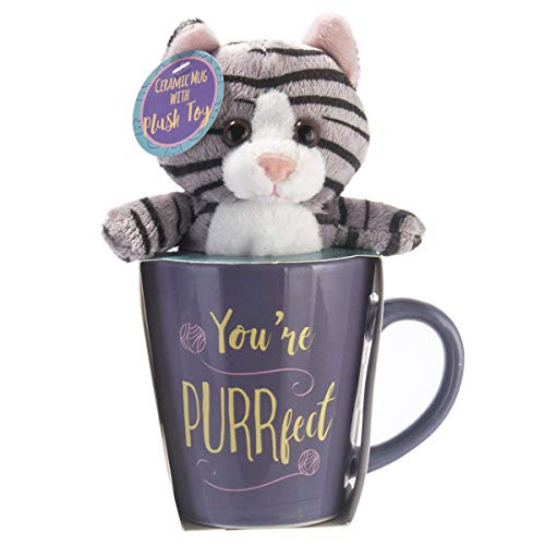Coffee Mug Gift Set With Plush Toy  Stuffed Animal Toy  Purple Cat Plush Toy  12 Ounces Mug