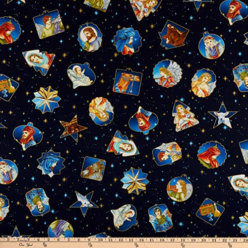 Henry Glass Metallic Silent Night Tossed Ornaments Midnight Quilt Fabric By The Yard
