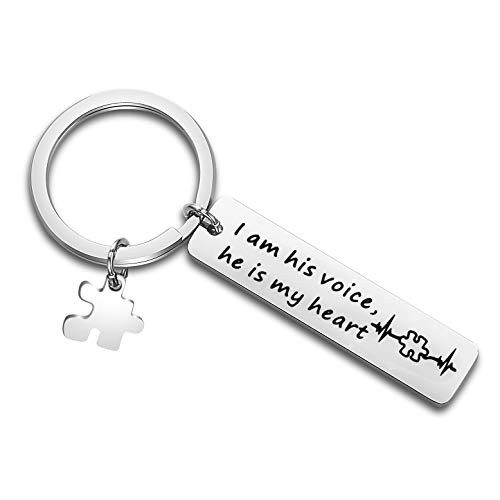 QIIER Autism Awareness Keychain I Am His Voice He is My Heart Keychain with Puzzle Piece Charm Autism Mom Gift  I Am His Voice