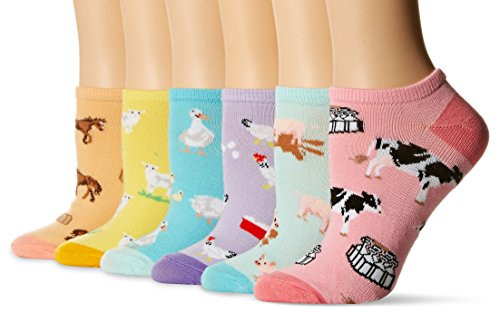 K  Bell Women s 6 Pack Novelty No Show Low Cut Socks  Farm Animals  Pink   Shoe Size  4 10