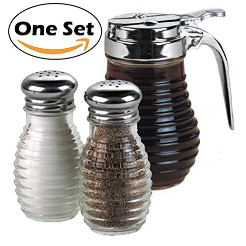 American Metalcraft Beehive Glass Syrup Dispenser with Salt and Pepper Shakers