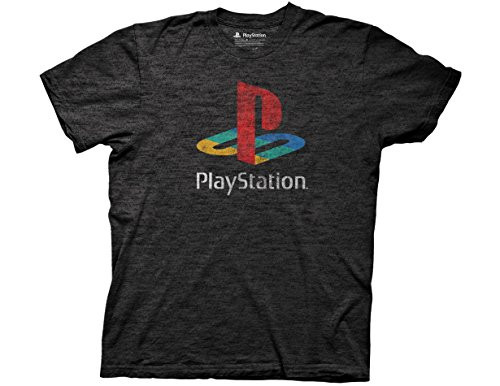Ripple Junction Playstation Distressed Retro Color Logo Adult T Shirt Small Heather Charcoal