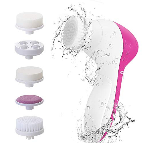 Yvyan Facial Cleansing Brush Waterproof Face Spin Brush Set with 5 Brush Heads?Gentle Exfoliating and Removing Blackhead?Deep Cleansing face?red?