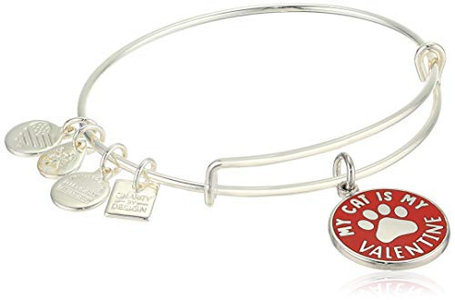 Alex and Ani Women s My Cat Is My Valentine Charm Bangle Bracelet  Shiny Silver  Expandable