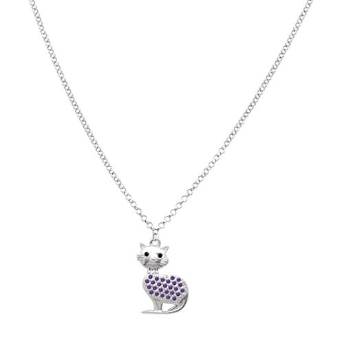 Sterling Silver 925 Large Kitty Cat Pendant Necklace Girls Purple CZ Pave 16  Italy UNICORNJ
