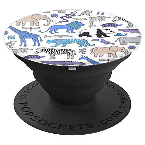 Cute Zoo Animals Doodles Design Pattern on White PopSockets Grip and Stand for Phones and Tablets