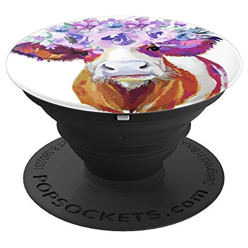 Cute Cow Face Watercolor Floral Design Farm Lover on White PopSockets Grip and Stand for Phones and Tablets