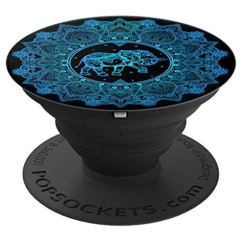 Cute Elephant Mandala Blue Design Grip on Black PopSockets Grip and Stand for Phones and Tablets