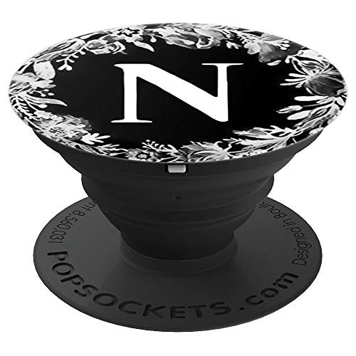 Cute Floral Letter N Initial Design Wreath Monogram on Black PopSockets Grip and Stand for Phones and Tablets