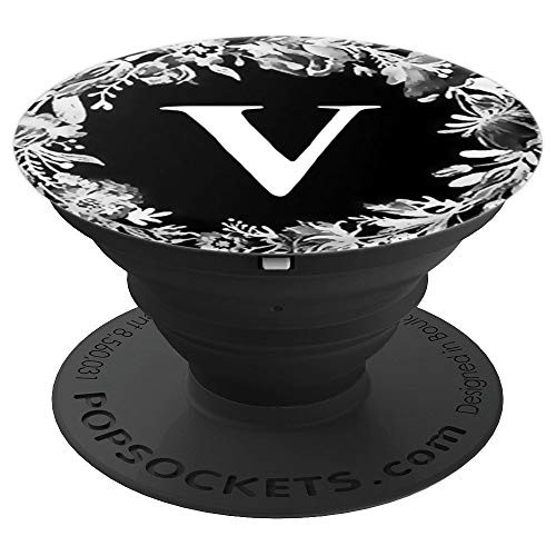 Cute Floral Letter V Initial Design Wreath Monogram on Black PopSockets Grip and Stand for Phones and Tablets