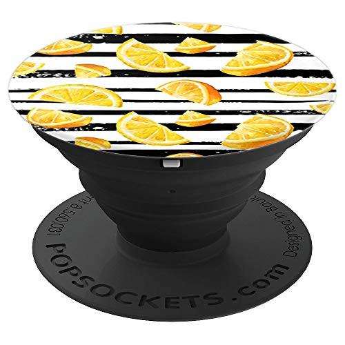 Cute Lemon Pattern Yellow Citrus Design on Black Stripes PopSockets Grip and Stand for Phones and Tablets