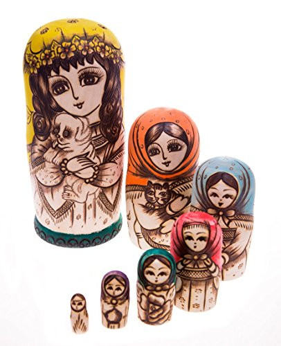 Moonmo 7pcs Beautiful Handmade Wooden Russia Nesting Dolls Gift Russian Nesting Wishing Dolls Cute Dog Matryoshka Traditional.