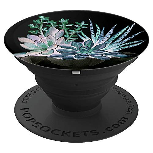 Cute Succulent Cactus Plant Watercolor Design on Black PopSockets Grip and Stand for Phones and Tablets