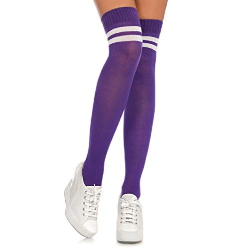 Leg Avenue Women s Ribbed Athletic Thigh High Socks  Purple White  One Size