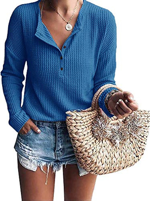 Women s Tunic Tops Loose Long Sleeve Button Up V Neck Henley Waffle Knit Shirts Blue Women s Tunic Tops Loose Long Sleeve Button Up V Neck Henley Waffle Knit Shirts Blue