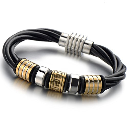 COOLSTEELANDBEYOND Mens Black Braided Leather Bracelet with Steel Greek Key Charms in Gold Color Bangle Wristband