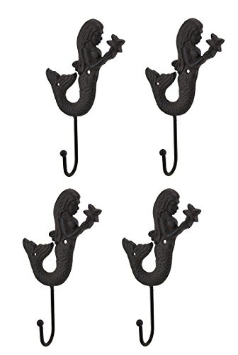 Zeckos Set of 4 Rustic Brown Cast Iron Curved Tail Mermaid Wall Hooks
