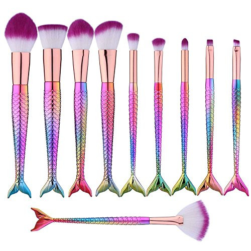 10pcs Mermaid Makeup Brush Set Colorful Cosmetics Kabuki Foundation Blending Blush Concealer Eyeshadow Face Powder Brush Premium Makeup Brushes Kit Synthetic Bristles