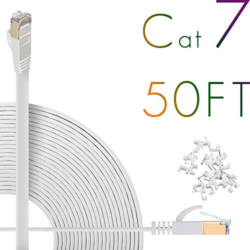 Cat7 Ethernet Cable 50ft Flat High Speed Shielded  STP  Solid Computer Network Cord with Snagless Rj45 Connectors Slim Durable Internet LAN Wire for Modem Router Faster Than Cat5e Cat5 cat6  White