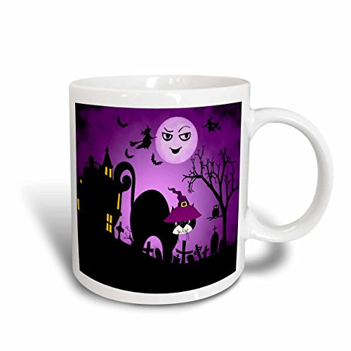 3dRose Black Cat In A Witches Hat A Laughing Moon Purple Halloween Ceramic Mug  11 oz