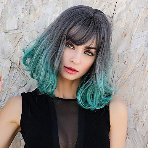 Green Wavy Wig with Bangs for Women 14   Shoulder Length Wigs Ombre Short Curly Wavy Wig Heat Resistant Cosplay Halloween Green Bob Wig for Girls Daily Use or Costume with Cap Green Wavy Wig with Bangs for Women 14   Shoulder Length Wigs Ombre Short Curly Wavy Wig Heat Resistant Cosplay Halloween Green Bob Wig for Girls Daily Use or Costume with Cap