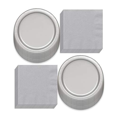 Solid Silver Colored Paper Dinner Plates and Luncheon Napkins  Silver Party Supplies and Table Decorations  Serves 16