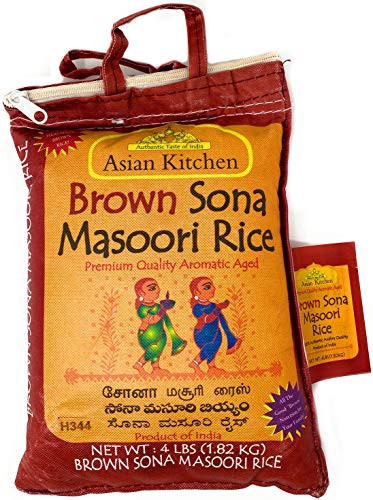 Asian Kitchen Brown Sona Masoori Aged Rice 4lbs Pound Bag  1 81kg  Short Grain Rice ~ All Natural   Gluten Free   Vegan   Indian Origin   Export Quality