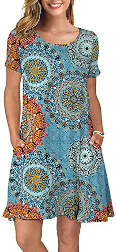 HODEYS Women s Summer Casual T Shirt Dresses Short Sleeve Swing Dress Pockets Floral Mix Blue L